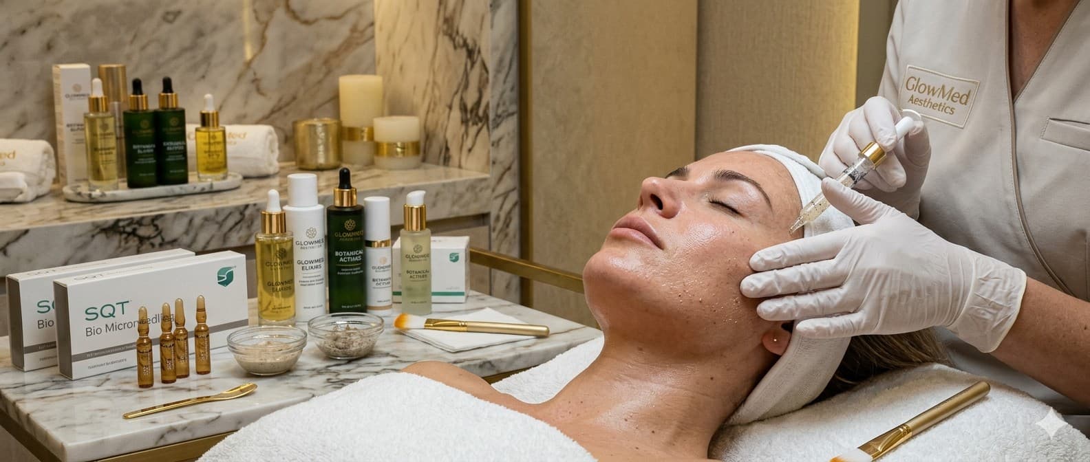A client receiving a personalized facial assessment at GlowMed Aesthetics, Waterdown